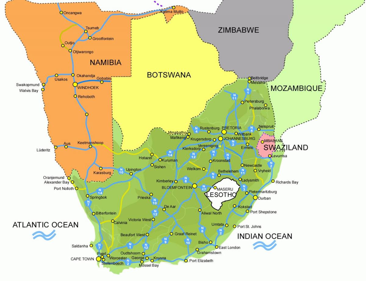 carte du Lesotho et de l'afrique du sud