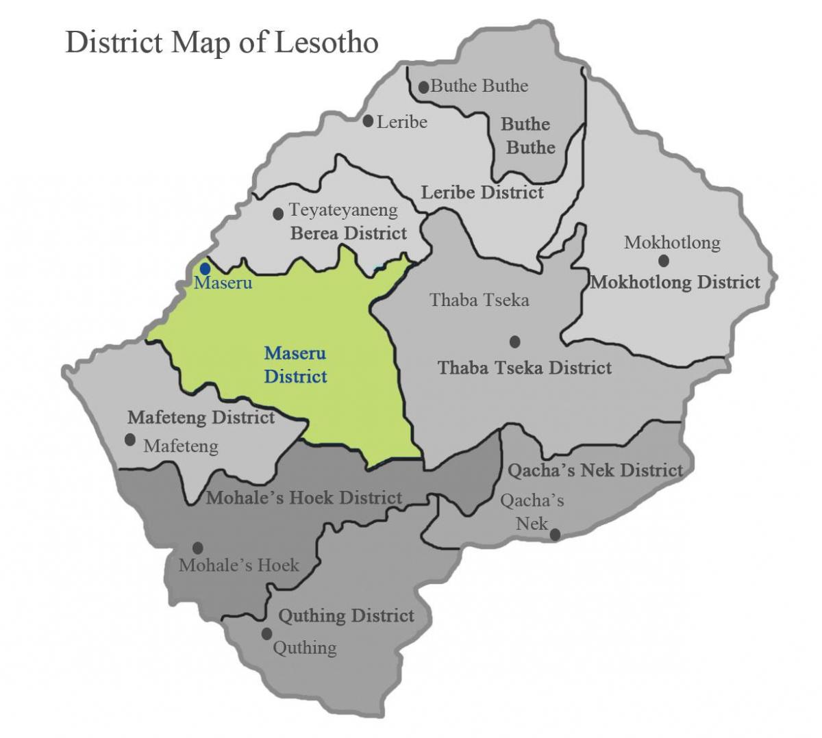 carte du Lesotho montrant districts