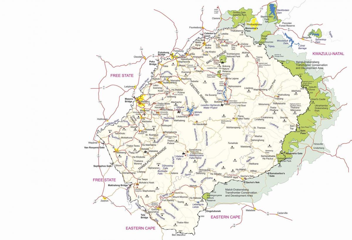 carte du Lesotho postes frontières